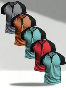 Men's Five Piece Set Henry Shirt Short Sleeve Thermal Underwear Henry Top Casual Slim Fit Lightweight 5 Button T-Shirt Stretch Fabric Cotton Street Style Button Front Shirt Round Neck Activewear Athletic