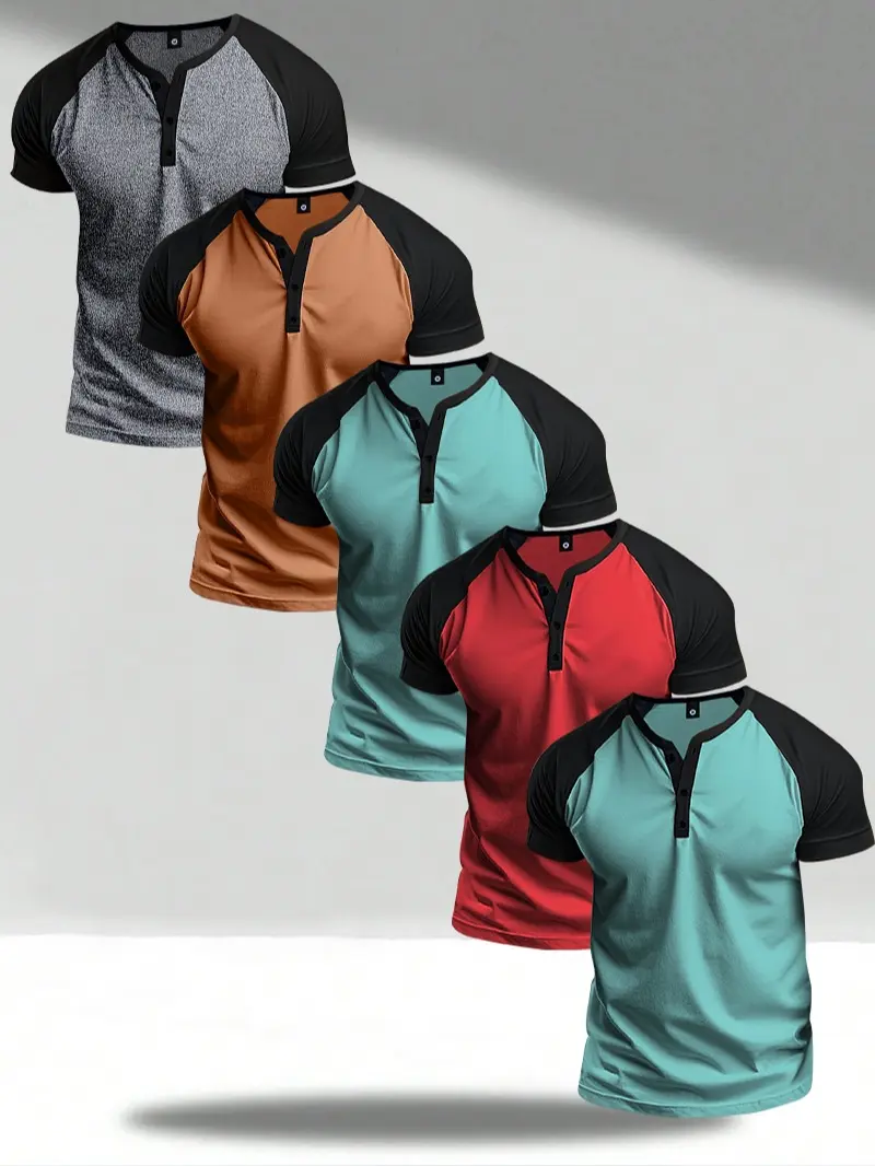 Men's 5-Piece Fitted Short-Sleeve Henry Shirt Athletic Set - Knitted Elastic Polyester Activewear, Lightweight Stretch Tops, 3-Button Round Neck, Easy Streetwear for Casual Hangouts, Mixed Colors, Multiple to Match 5-Piece Value Set