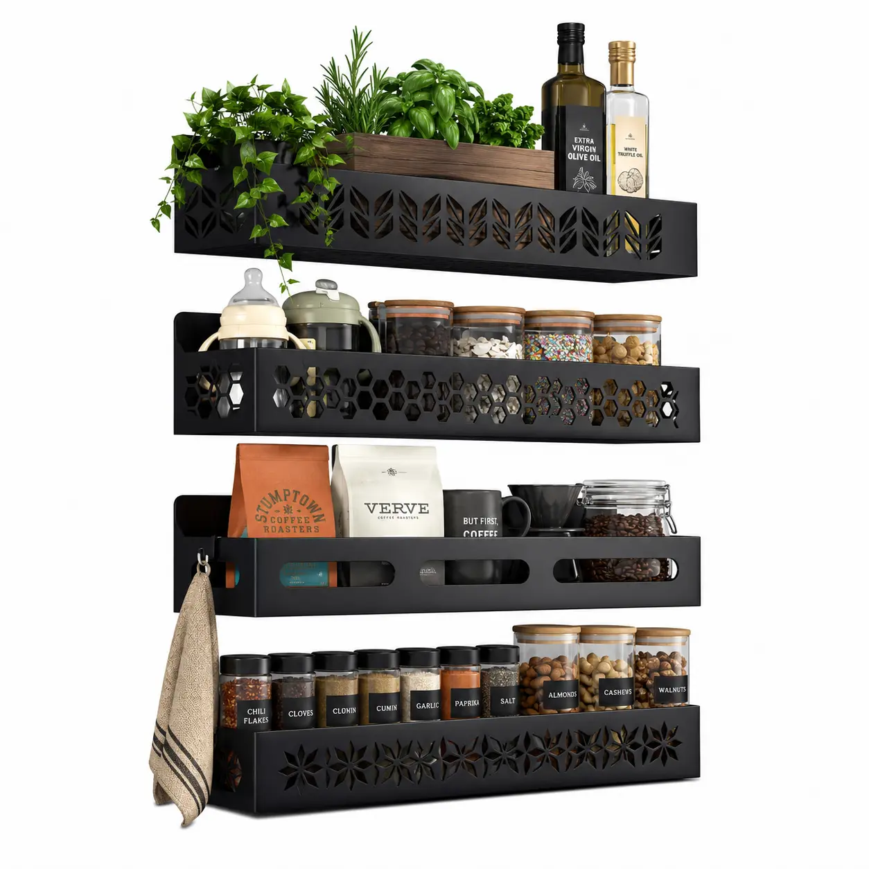 Black Minimalist Rectangle Metal Magnetic Spice Storage Containers (4-Pack) - Strong Fridge Organizer Racks & Displays with 4 Hooks, Open Front Home Supplies for Kitchen Cabinet Hanging & Baking Organization