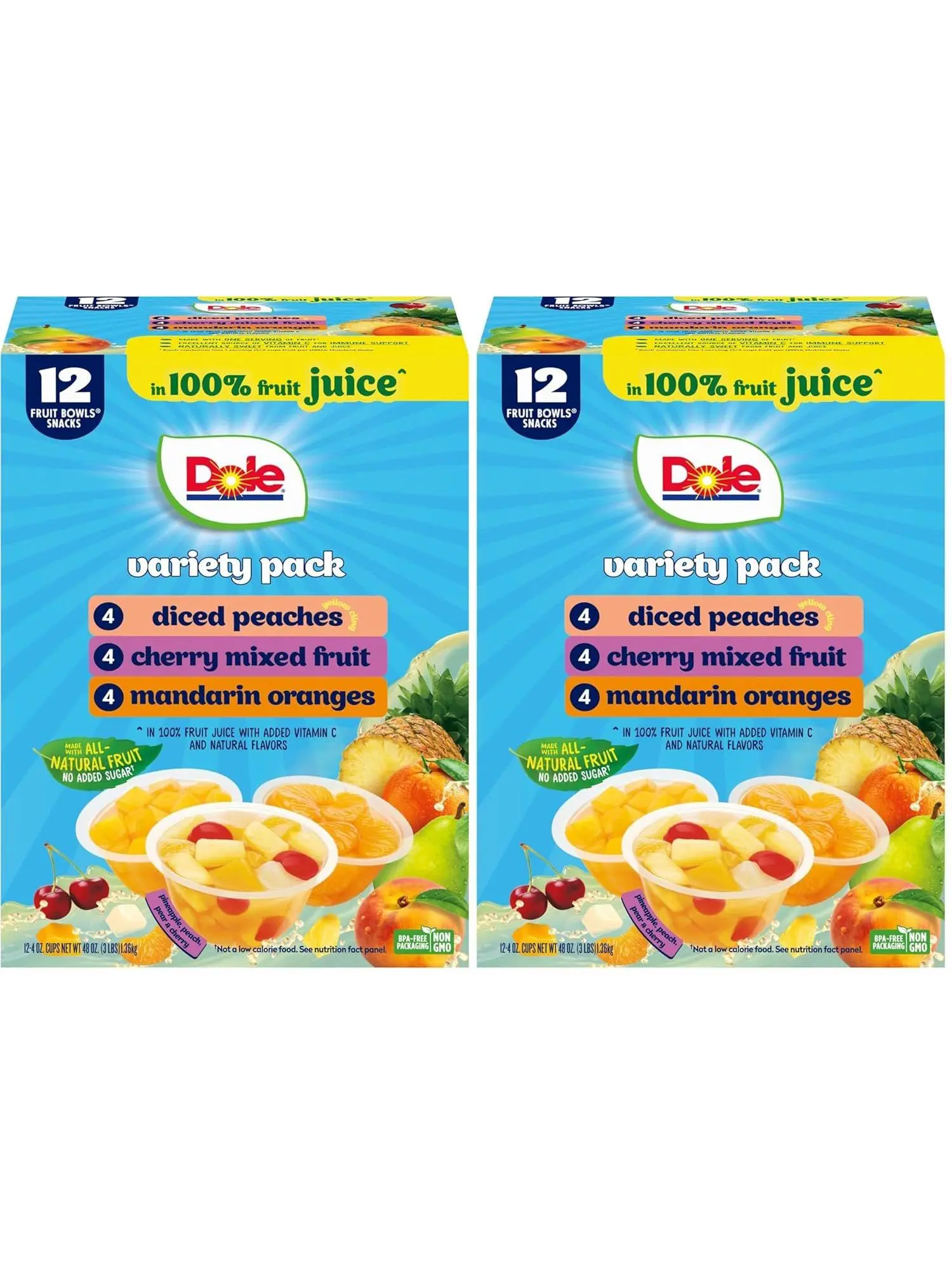 Dole Diced Peaches, Mandarin Oranges, and Cherry Mixed Fruit with No Sugar Added Variety Pack - Dole Fruit Bowls Snacks - 4 oz Bowls - 12 Pack