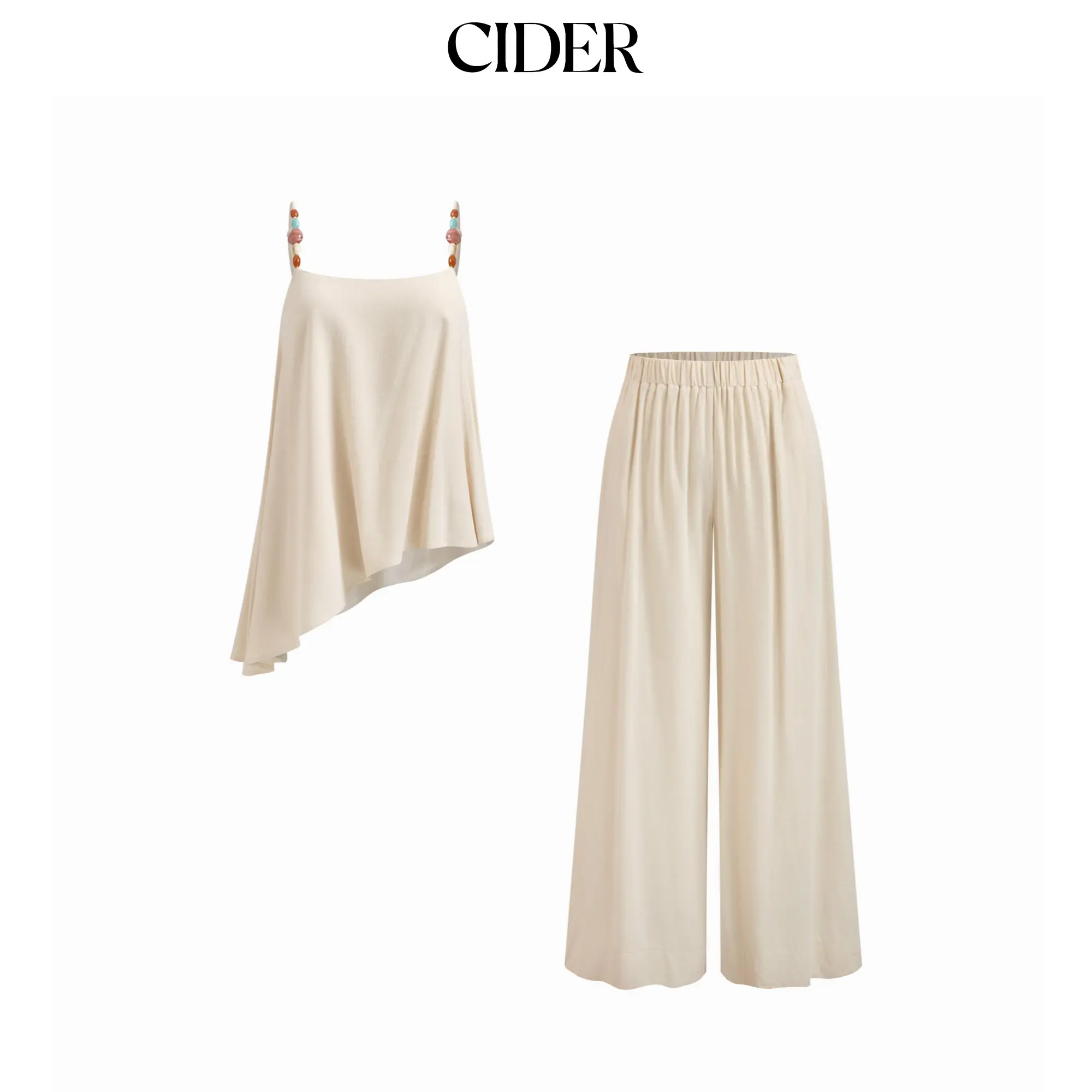 Cider Women's Cute Linen-blend 2-Piece Set - Modest Asymmetrical Sleeveless Cami Top & Mid Rise Wide Leg Pants, Basic Lady Clothes, No