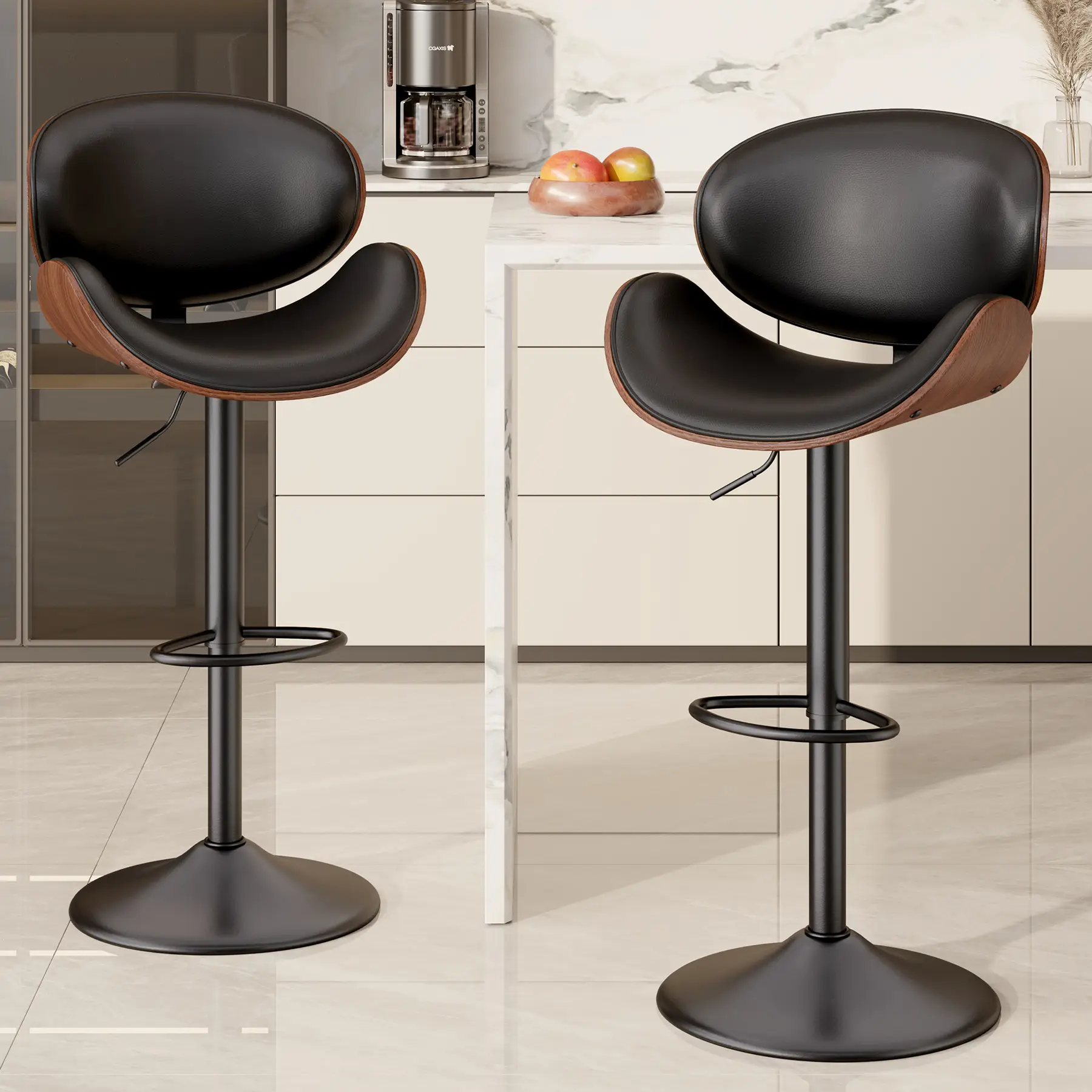 Swivel Bar Stools Set of 2, Seat Adjustable Height 23.5-32.5IN Bentwood Barstools with Back & Footrest, PU Leather Upholstered Counter Height Bar Chai