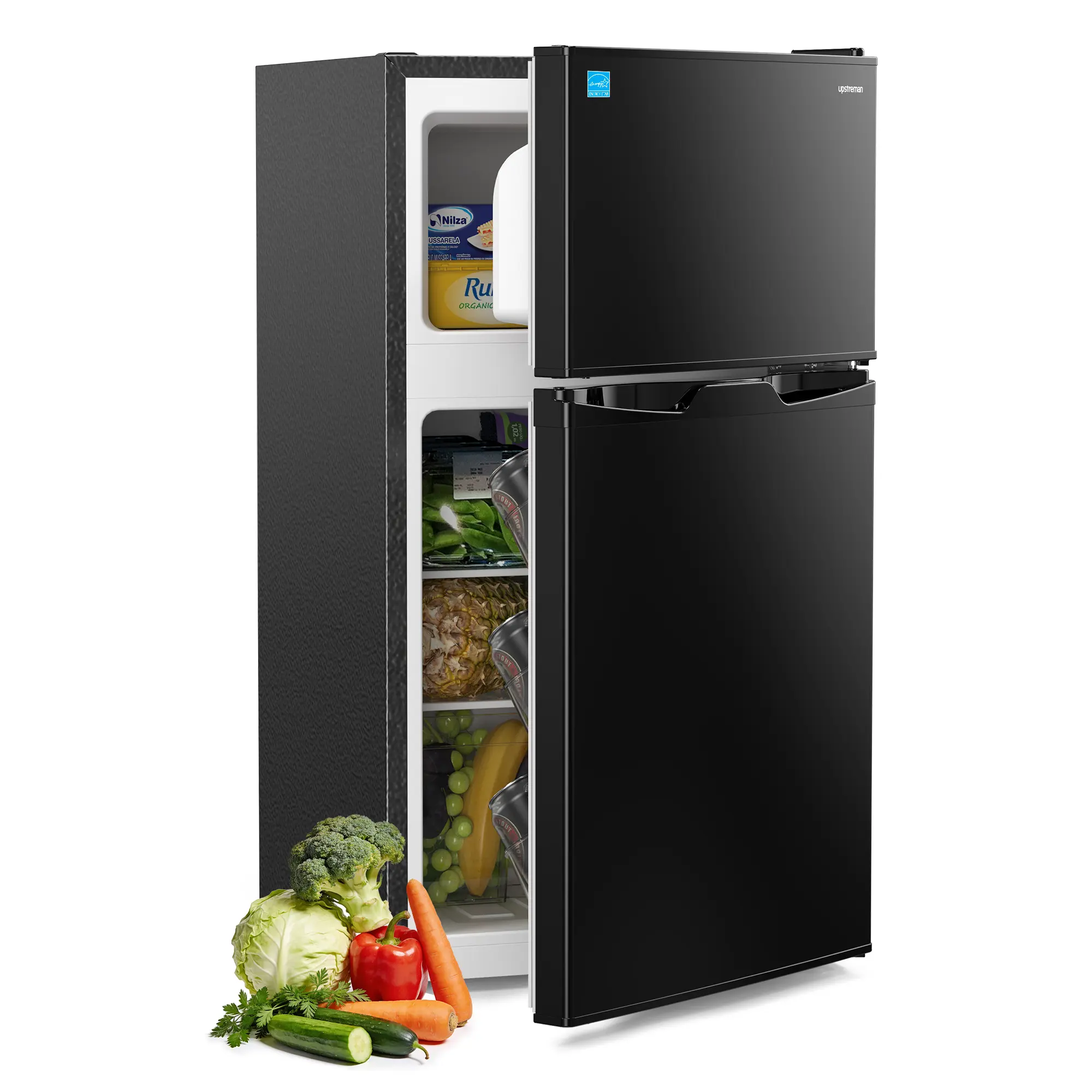 Upstreman 3.1 Cu.Ft Double Door Top Freezer Mini Fridge - Stainless Steel, 1 Cu.Ft Freezer, Adjustable Thermostat, Quiet Efficient, LED Light, Removable Shelves, Crisper Drawer, 110v-120v Energy Saver, for Dorm, Office