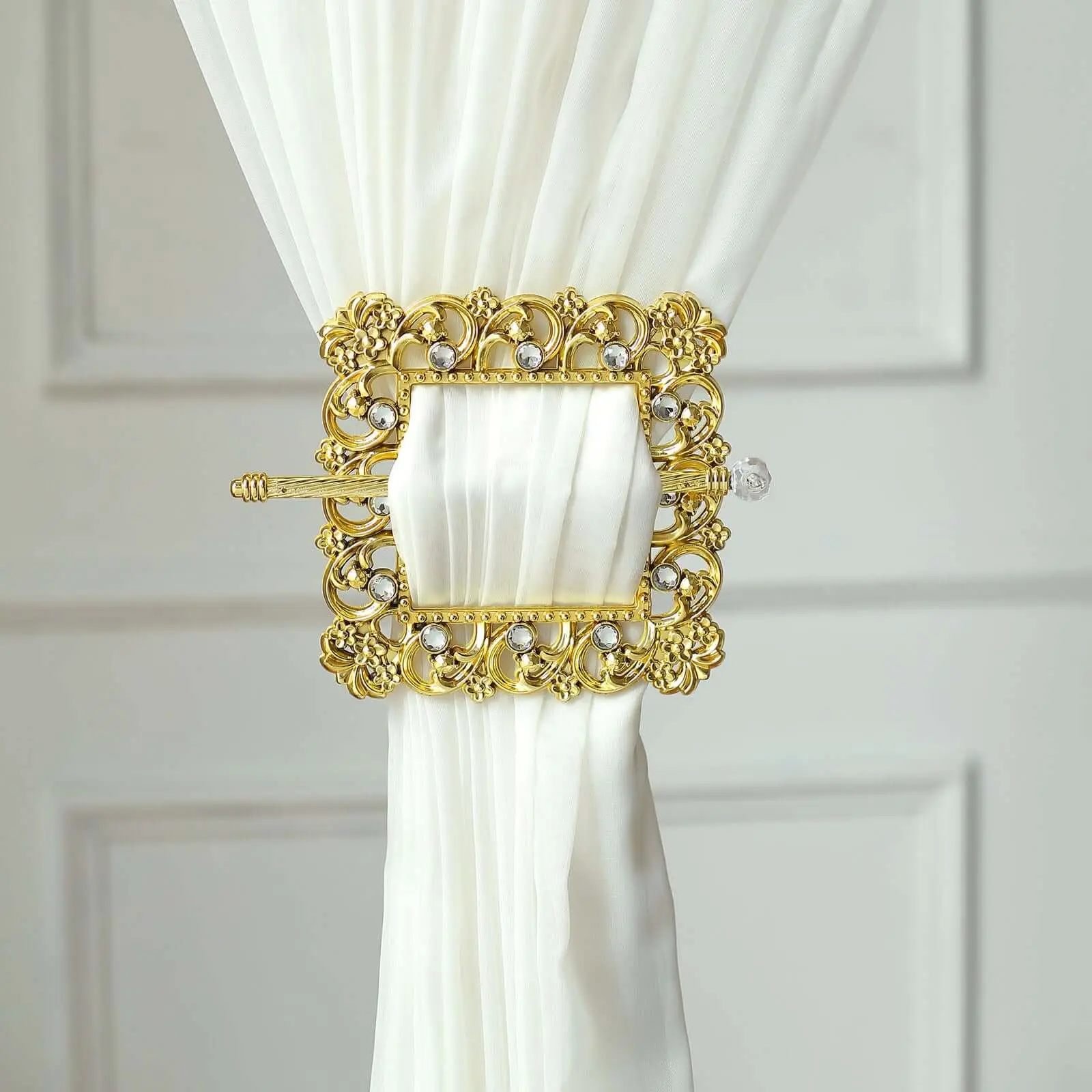 Home Decoration Curtain Tie Backs - 2-Piece Gold Barrette-Style Acrylic Crystal Holdbacks, 7" Square Diamond Brooch Drapery Backdrop Accessories