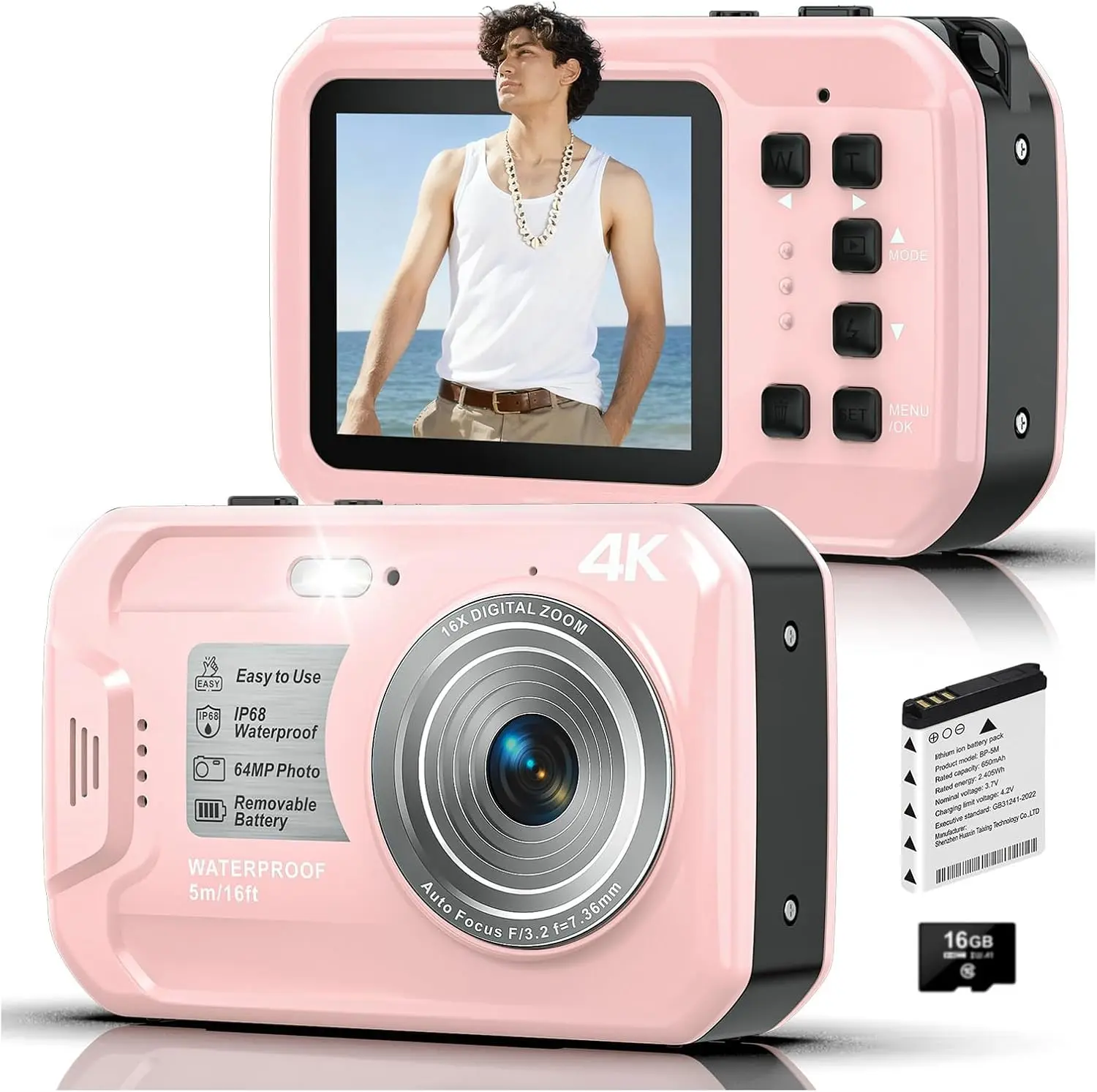 4K Underwater Action Camera - 64MP Compact Waterproof Device (16ft), 16GB Memory Card, Floatable, 16X Digital Zoom, Auto Focus, Fill Light, 650mAh Battery, Ideal for Travel, Surfing, Portable