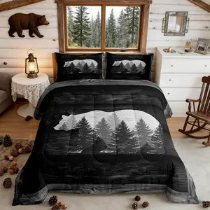 Feelyou Bed Comforter Set - Gray Bear Pine Tree Silhouette Quilted Duvet, Wild Animal Western Style Bedding for Teens, Queen Comforter Set