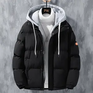 Men's Fake Two-Piece Thick Warm Jacket Stand Collar Casual Hooded Couple Top Coat with Zipper and Pockets