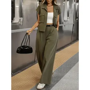 Women's 2pcs Solid Color Button-Front Blouse & Matching Pocket Trousers - Short Sleeve Shirt & Wide-Leg Pants, Spring Summer Outfits, Machine Washable Casual 2pcs Suit for Office, Semi-Formal Events, Easy Matching Outfits