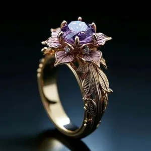 Niche Creative Gold Color Inlay Purple Color Leaf Shape Zircon Rings For Women Party Accessories Gifts Custom Jewelry