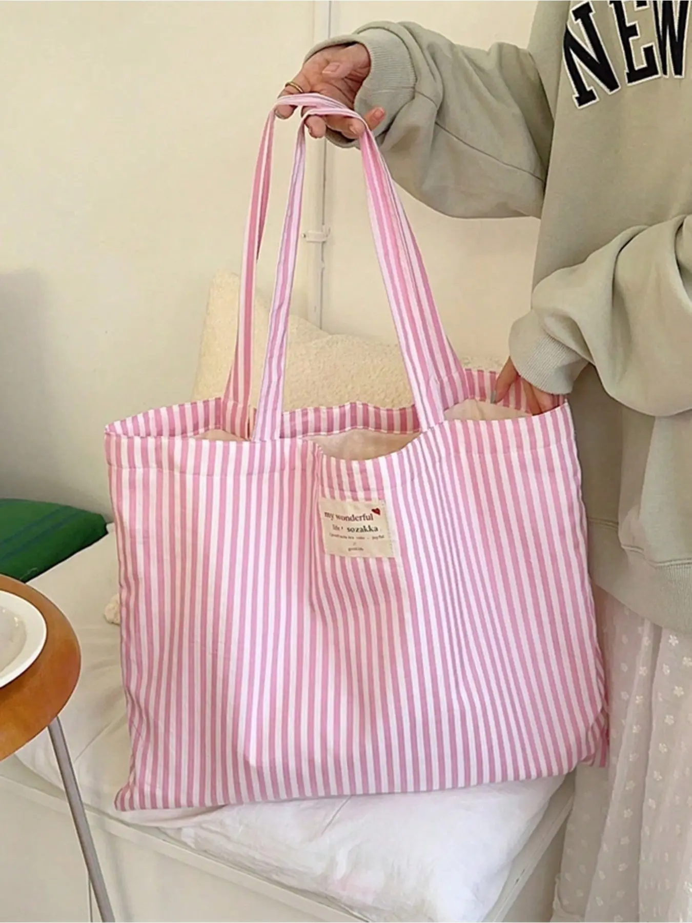 Vintage striped canvas handbag, women's large capacity striped canvas handbag - fashionable Shoulder Shopping Bag Summer Bag