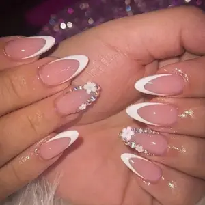 10 Pcs Minimalist Sparkly Rhinestone Press On Nails, French Almond Shape, French Tip Nails, Handmade, Perfect for Daily Use, Best Gift for Women  Handmade Press On Nails
