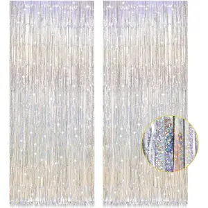 2 Pack 3.2ft x 8.2ft Silver Metallic Tinsel Foil Fringe Curtains Door Streamer Photo Booth Backdrop for Birthday Graduation Engagement Bridal Shower Bachelorette Baby Shower Party Decorations