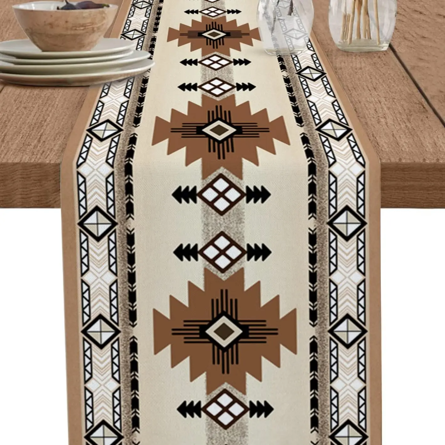 1 PC, Western Bohemian-Style, Decorative, Cultural Touch Table Runner Kitchen Linens Featuring Southwest Indian Geometric Patterns, Suitable For Kitchens, Homes, Dining Rooms, And Outdoor Settings, Easy To Maintain, Maintenance