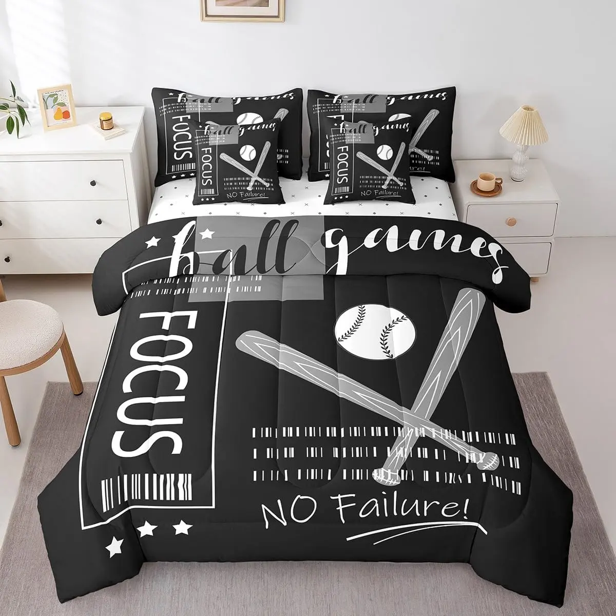Feelyou 7-Piece Black and White Baseball Microfiber Bedding Set - Soft Sports Comforter Set with Fitted Sheet, Flat Sheet, Pillowcases and Shams (Bed in a Bag), Soft Bedding Sets
