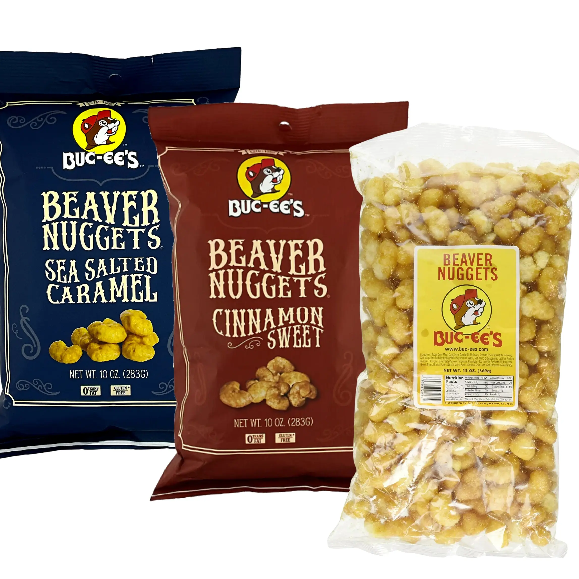 Buc-ees Beaver Nuggets Variety Pack - Beaver Nuggets Sweet Corn , Beaver Nuggets Sea Salted Caramel, & Beaver NuggetsCinnamon Sweet
