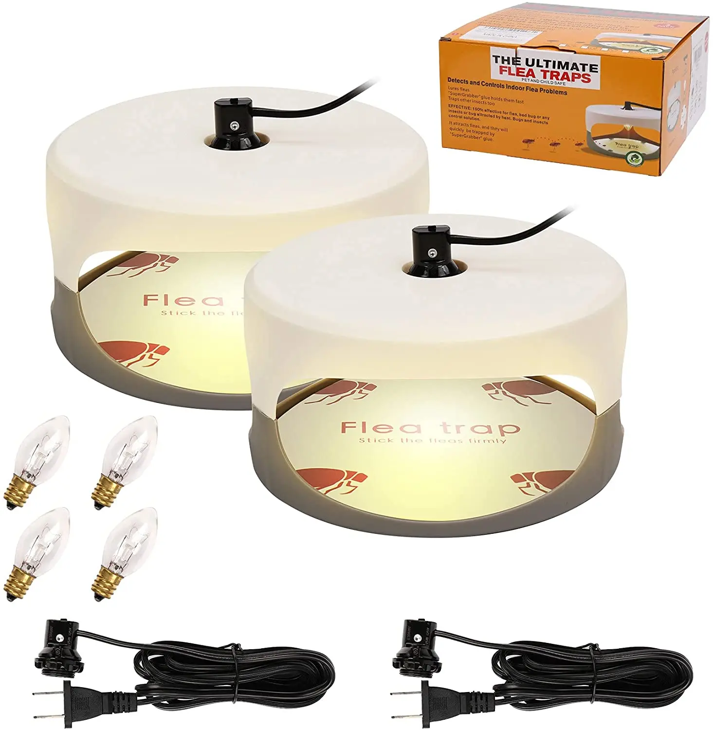 LED Light & Sticky Glue Flea Trap for House, Non-Toxic Insect Catcher for Fleas, Bed Bugs, Gnats, Moths, Roaches, Safe for Pets & Kids, with 4 Refill Boards, Silent Operation, 24/7 Protection