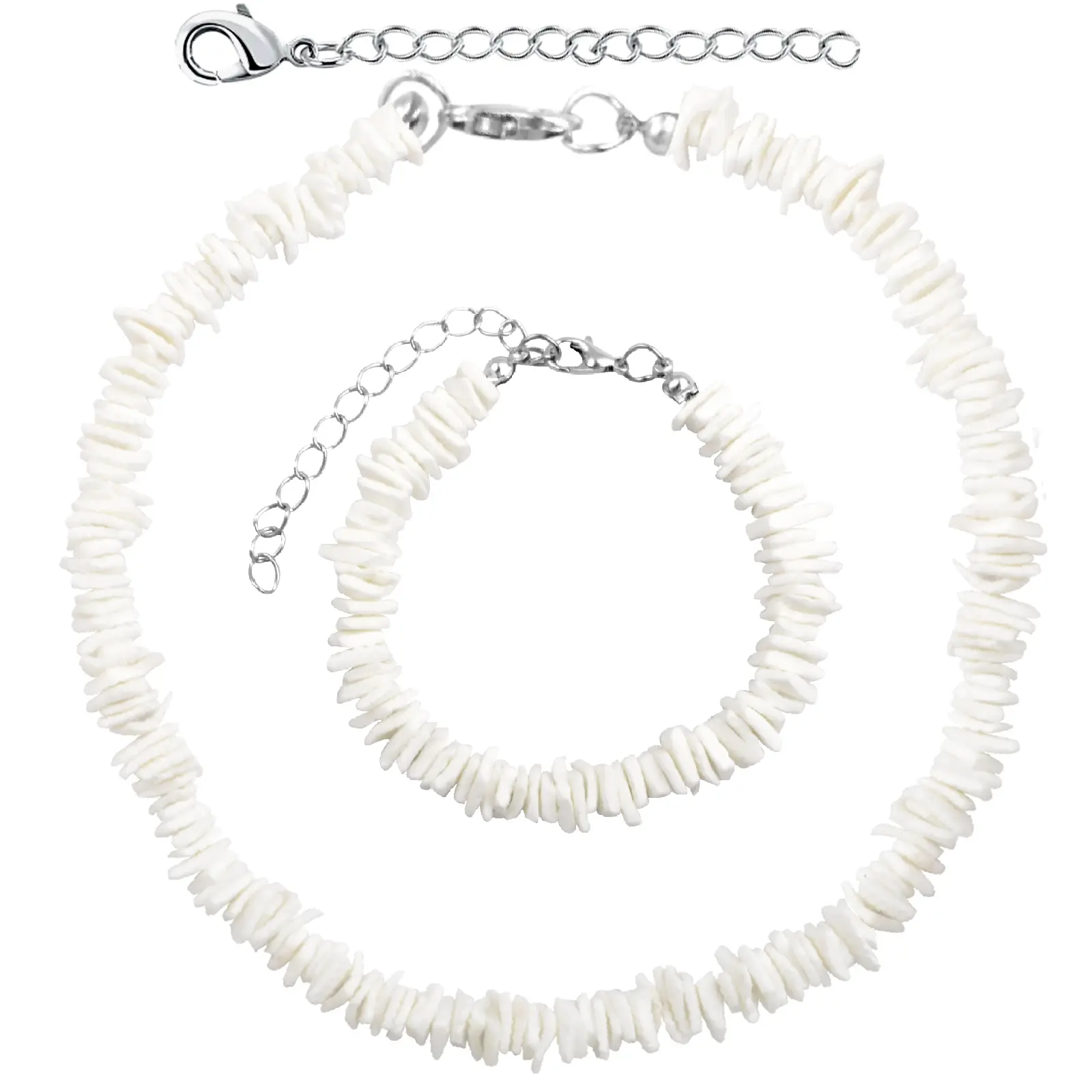 White Puka Shell Necklace Hawaiian Seashell Beach Surfer Choker Adjustable Handmade Beaded Summer Pooka Shells Clam Chips Necklace Bracelet Jewelry Set for Adult Teens Men Women