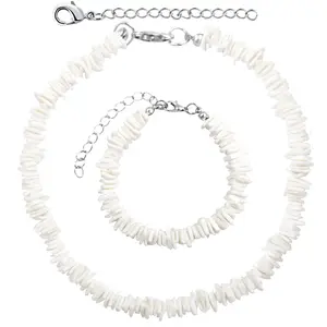 White Puka Shell Necklace Hawaiian Seashell Beach Surfer Choker Adjustable Handmade Beaded Summer Pooka Shells Clam Chips Necklace Bracelet Jewelry Set for Adult Teens Men Women