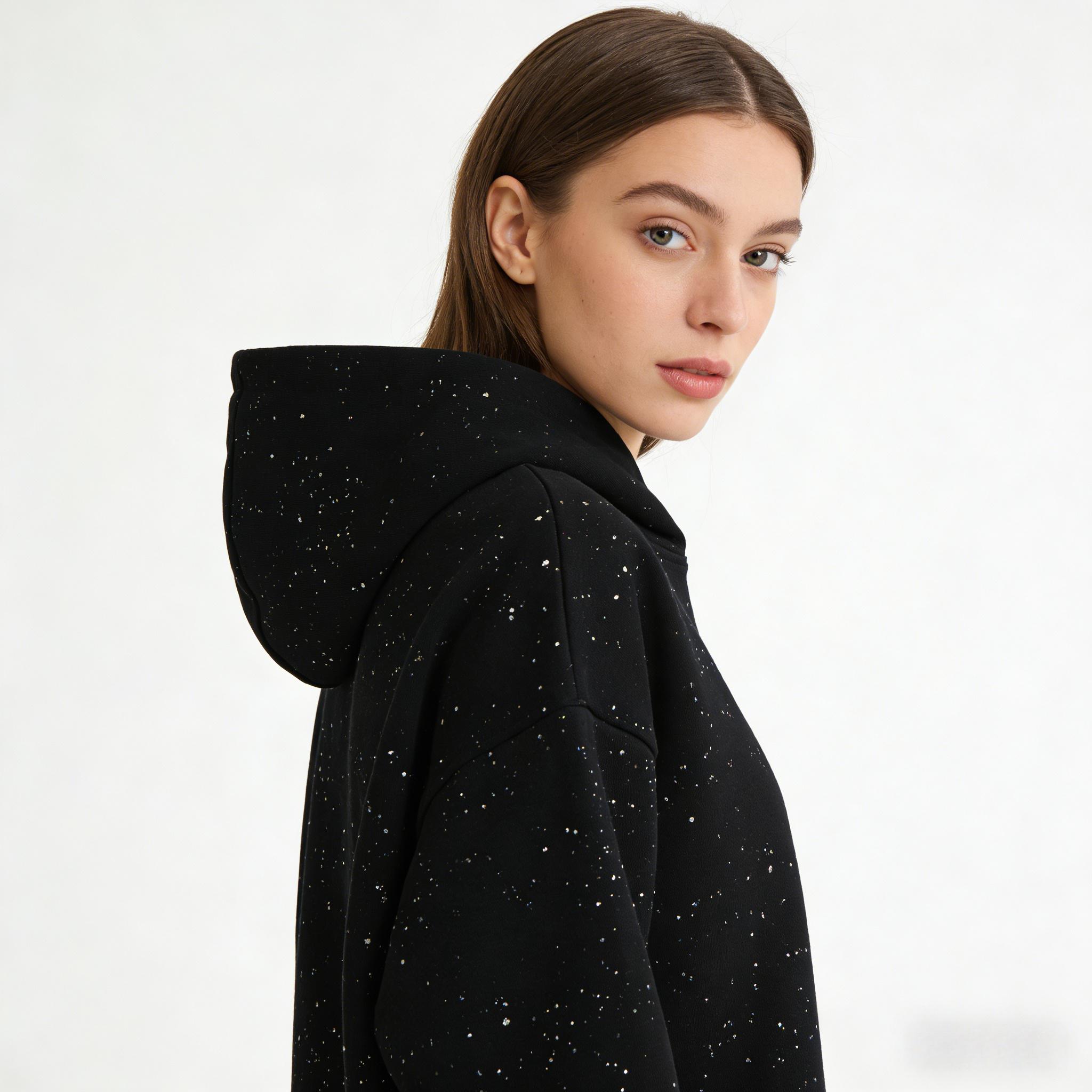 Black Speckled Oversized Hoodie, Y2K Starry Sky Splatter Print Pullover, Casual Streetwear Sweatshirt with Kangaroo Pocket, Comfy Loose Fit Hooded Top for Men Women