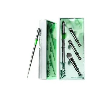Silver 3-Tiered Lychee Wood & Bamboo Joint Makeup Brush - New Chinese Style Gingham Design, No Fallout, Flawless Application for Eyeshadow, Eyeliner Blending # woman full kit girl