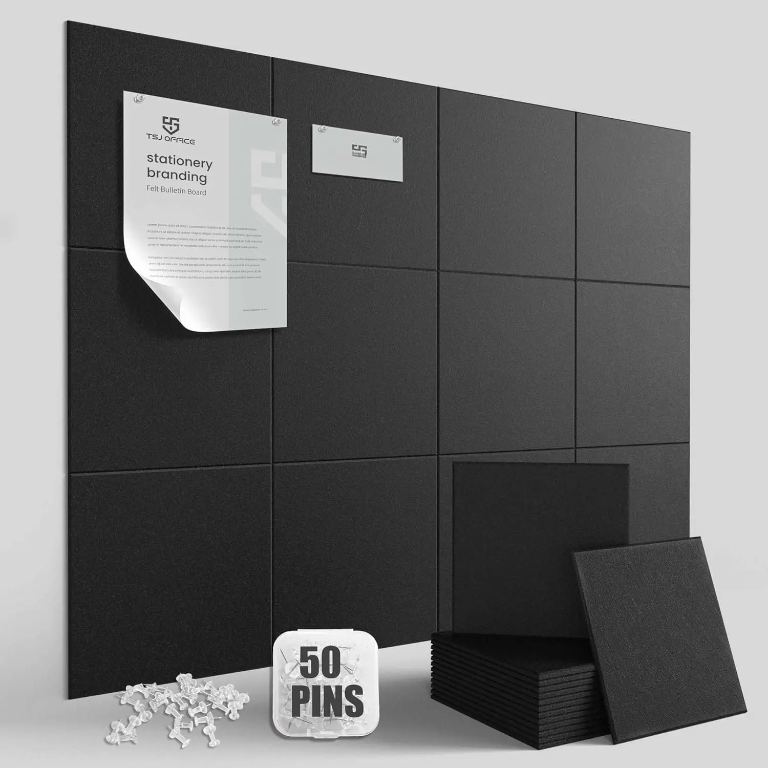 Large Cork Bulletin Board Wall - 48" x 36" Felt Pin Board  12 Pack Tiles Set with 50 Pushpins & Safe Removable Adhesive Tabs, Corkboard for    Decor Classroom Display - Black