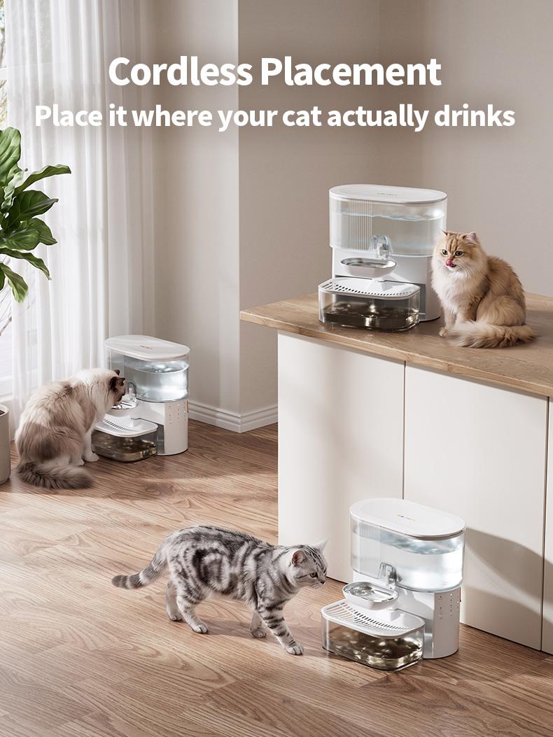 Wireless cat water fountain without filter cartridge, waste water separation function, MAKTART stainless steel bowl, 3000 mAh battery, 3.5 L water dispenser for cats and dogs, white