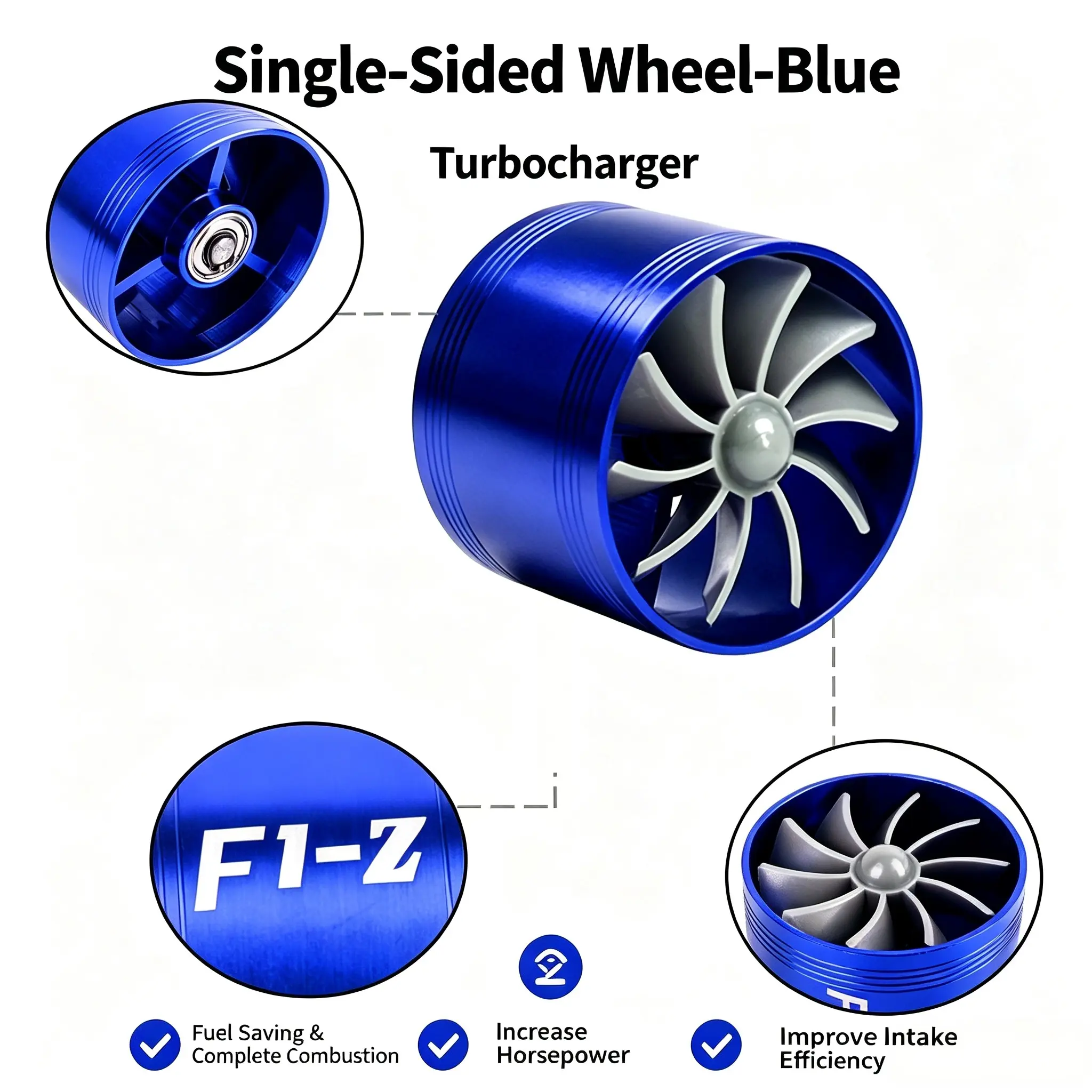 Blue Single-Sided Wheel Turbocharger, Universal Car Air Intake Turbine Fan, Fuel Saving Combustion Booster, Horsepower Intake Efficiency Upgrade