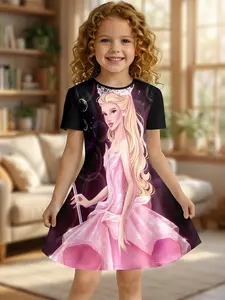 Girls Summer New Barbie Princess Print Dress, Kids Stylish Crew Neck Short Sleeve A-Line Dress