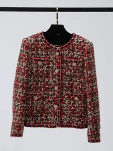 Women's Tweed   Single-breasted Jacket, Coats, Elegant Fashion Long Sleeve Round Neck Outerwear for Daily Outdoor Wear, Women Clothing for Spring & Fall