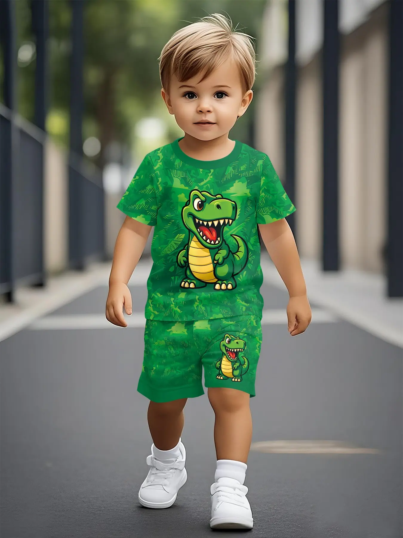 Boys' Jungle Dinosaur Print Casual Short-Sleeve T-Shirt Set, Digital Printed Kids' Clothing, Graphic Tees, 100% Polyester, Suitable for Daily Wear & Outdoor Sports, Ideal Gift for Toddlers