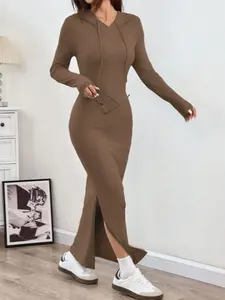 Long Hooded Womenswear Lady Dress with Slit, Long Sleeve, Slim-Fitting Stretchy Fabric, Casual Sporty Style, Basic, Everyday, Perfect for Daily Wear and Outings