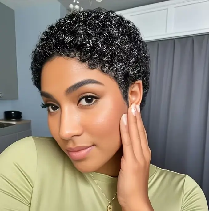 OPQHAIR Female Fashionable High Density Mixed Hair Glueless Pixie Cut Wig - Natural Black Voluminous Curly Bob for Everyday Wear & Special Events (Human Hair Full Machine Curly Wig)