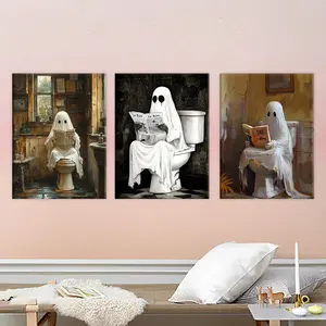 Ghost Toilet Reading Pattern Canvas Painting, 3 Counts/set Cute White Ghost Wall Art, Wall Decor for Home Living Room Bedroom