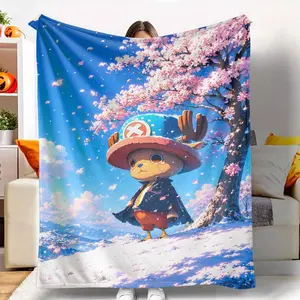 Cute Reindeer Cherry Blossom Flannel Blanket Spring Anime Art Design Soft Cozy Warm Lightweight Decorative Throw Blanket for Sofa Bedroom Living Room Gift Use