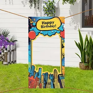 2D flat banner， 1 set, birthday themed bustling city pattern hollow frame, 47.24 * 23.62 inch celebration birthday party banner, indoor and outdoor photo props, birthday party decorations
