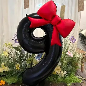 1set large black and red numbered balloons with red bow - Shiny and durable aluminum foil balloons (0-9) - Perfect for birthday party decorations, weddings, anniversaries, New Year, Valentine's Day