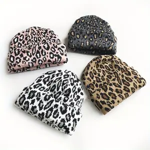 Women’s Animal Print Knit Beanie Hats - Acrylic, Lightweight, Hand Wash Only - Cartoon Leopard Pattern, Non-Stretch, Warm Fall/Winter Ear Protection Caps - Knitted Fabric, Fashionable Vintage Style