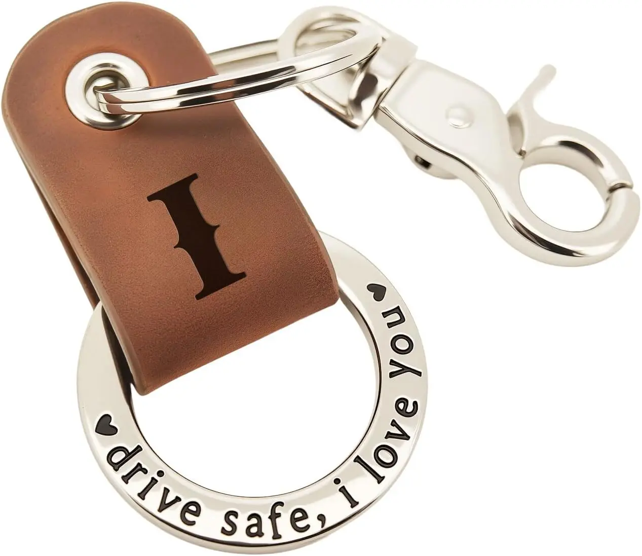 Genuine Leather Keychain, Handcrafted and Personalized with Embossed Custom Initial, Engraved 'Drive Safe' Gift for Him, Leather Keychains, Boxed Keychains