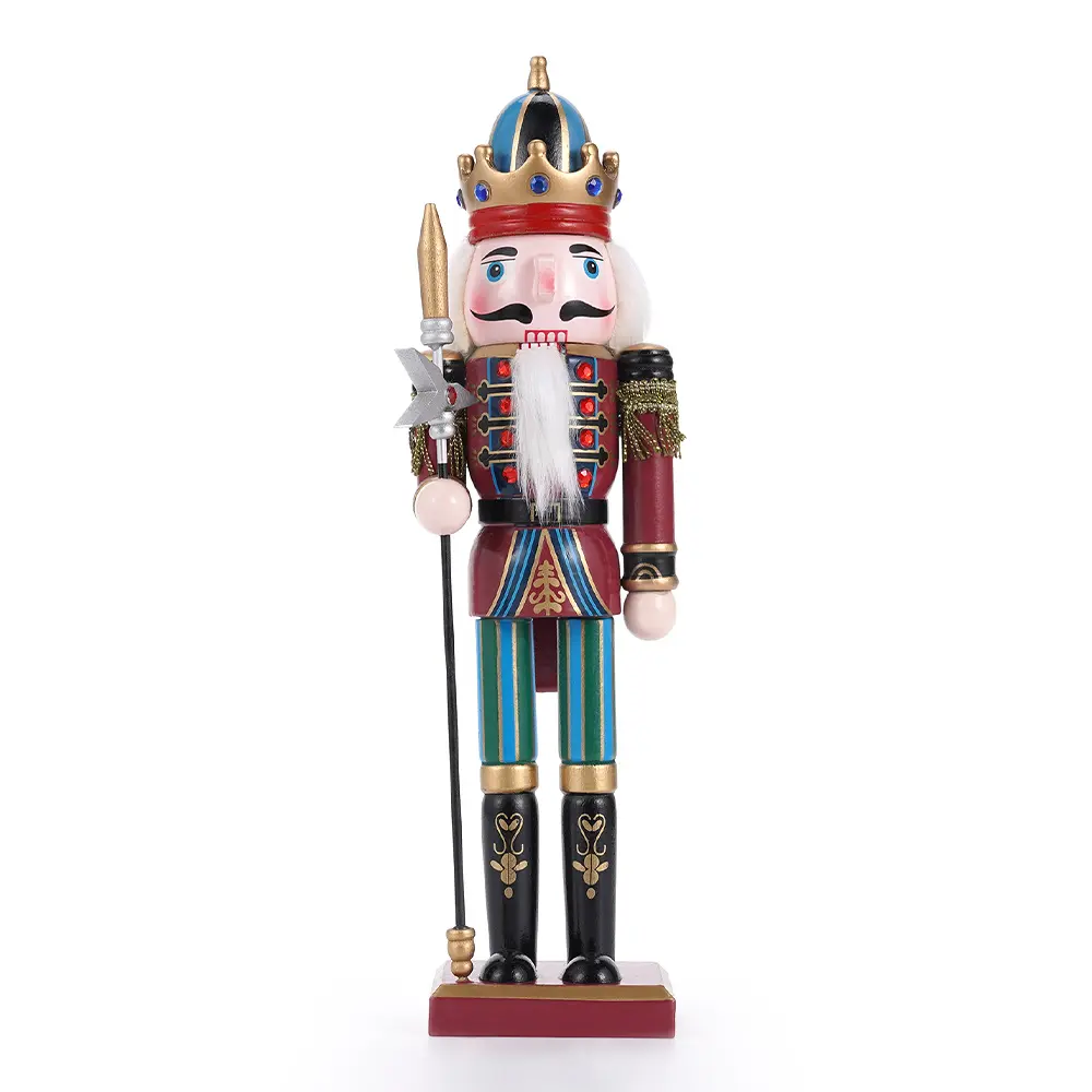 30cm Standing Solid Wood Nutcracker Soldier Figurine - Smooth, Hand-Painted, with Spear & Jeweled Crown, Festival-Inspired Nutcracker Ornament, Christmas Tabletop Decoration, Holiday Collectible Gift
