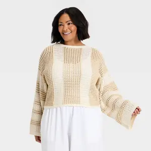 Women's Open Work Oversized Pullover Sweater - A New Day Cream Striped 3X