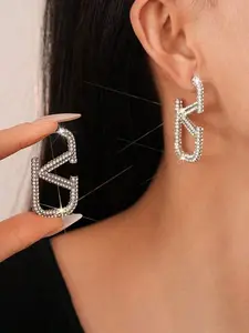 Luxury Diamond Embellished Letter V Geometric Design Silver Earrings, Elegant Women's Jewelry for Daily Wear, Parties, Gifts, Alloy Earrings