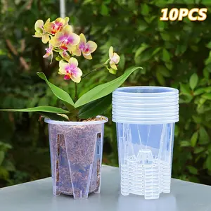10pcs Clear Plastic Plant Pots with Drainage Holes, Thickened Breathable Modern Flower Pots for Orchids, Air Plants, Indoor/Outdoor Gardening, Garden Plant Supplies, Classic Round Design with Perforated Base