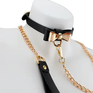 Pink/Black Bow Collar with Gold Chain Leash, Adjustable Size PU Leather Choker for Women, Fashion & Cosplay Accessory