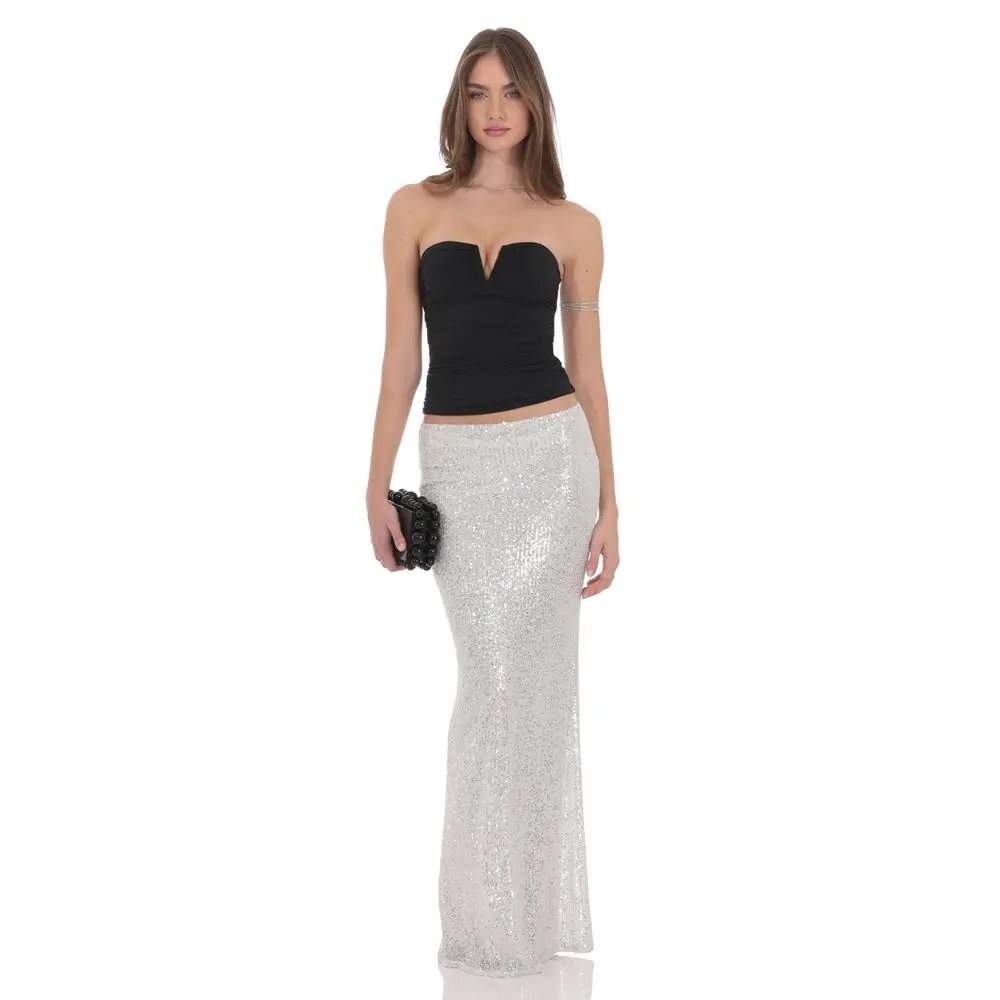 Sequin Maxi Skirt in Silver