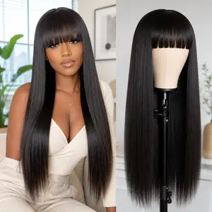 Natural Black Straight Wig with Bangs for Women, 220% Density Glueless Synthetic Wig, No Lace Wear And Go Wig, Pre Plucked Natural Hairline Beginner Friendly Daily Wig middle part synthetic heat hair stylist gift budget