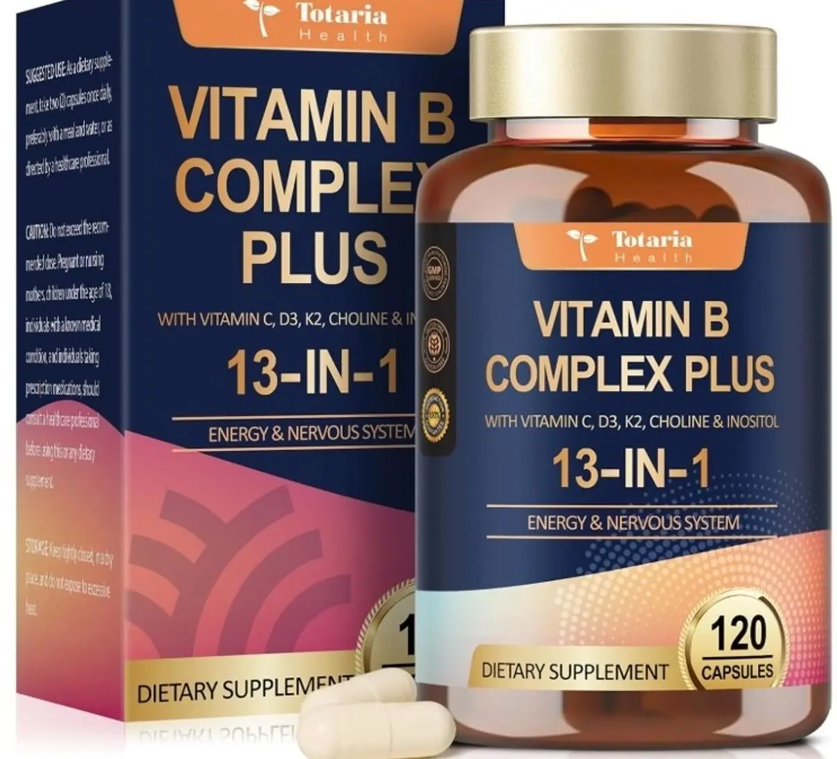 13-in-1 Vitamin B Complex Plus with Vitamin B1, B2, B3 (Niacinamide), B4, B5, B6, B7 (Biotin), B8 (Inositol), B9 (Folate), B12, C, D3, K2 - Energy, Nerve, Immune, Skin Support - 120 Vegan Capsules