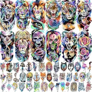55 Sheets 3D Watercolor Temporary Tattoos For Women Men Adults Arm, Tiger Lion Skull Skeleton Fake Tattoos That Look Real And Long Lasting Colorful Halloween Wolf Rose Flower Temp Tattoo Stickers For Kids Teens