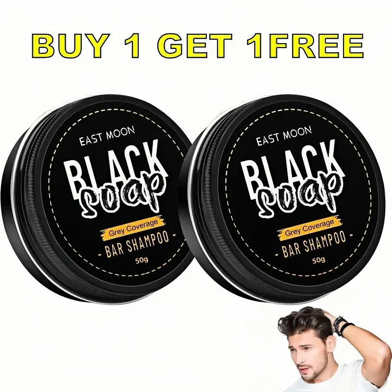East Moon Black Soap Bar Shampoo (Buy 1 Get 1 Free) - Natural Color Enhancing, Anti-Fade Hair Dye Shampoo Bar for Adults, Gentle Cleansing, Moisturizing, Deep Black Shine, Volumizing Daily Charcoal Haircare, Color Enhancing Shampoo