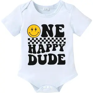 Happy Town Boy Baby First Birthday Outfit Short Sleeve Romper One Happy Dude Bodysuit 1 Year Old Gift Smiley Face Clothes