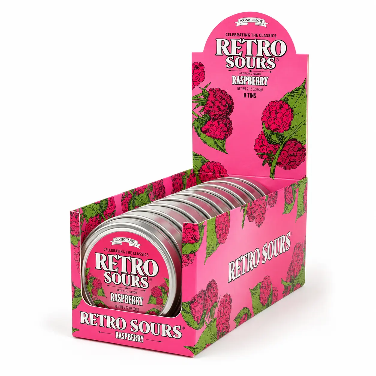 Retro Sours Candy Tins Pack of 8 | 7 Fruity Sour Flavors | Citrus, Mango, Tangerine, Watermelon, Red Apple, Raspberry & Passionfruit